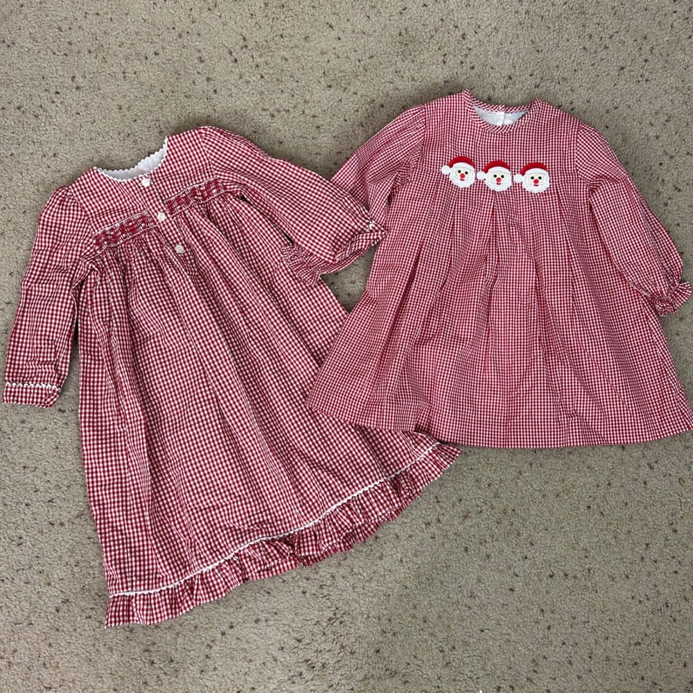 Girls Lot of 2 Red Gingham Christmas Dresses Santa Holidays Kids Size 2/2T